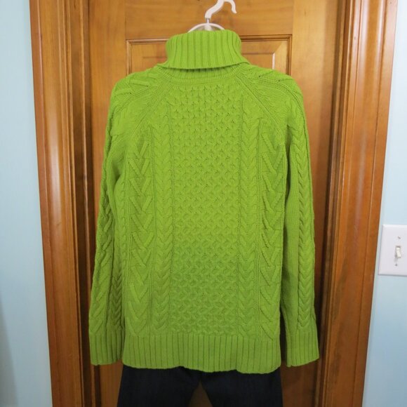 Alison Sheri Chartreuse Turtleneck Cotton Blend Chunky Cable Knit Size Small - Picture 5 of 10